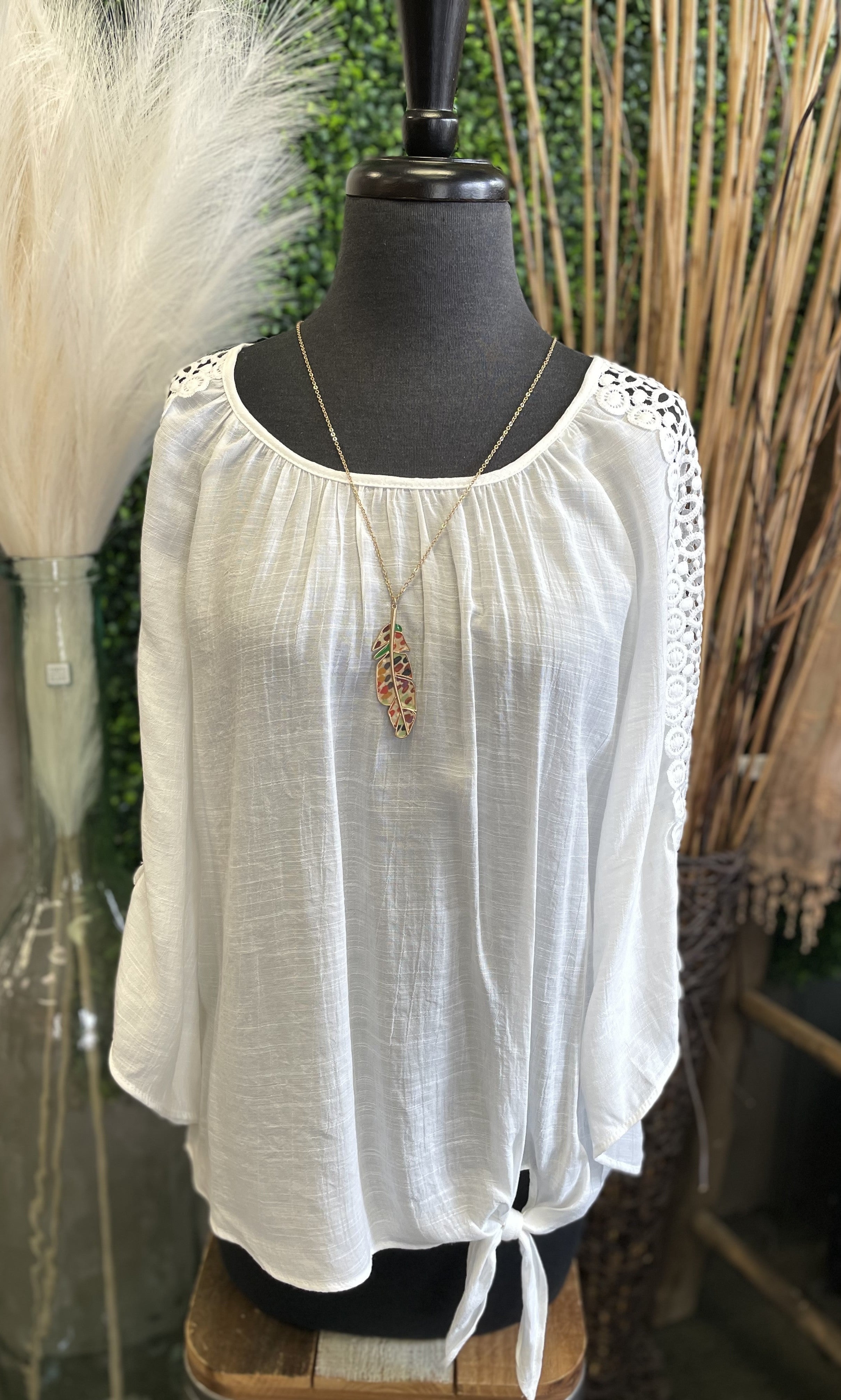 Crochet Trim Lace 3/4 Sleeve Tie Front Blouse