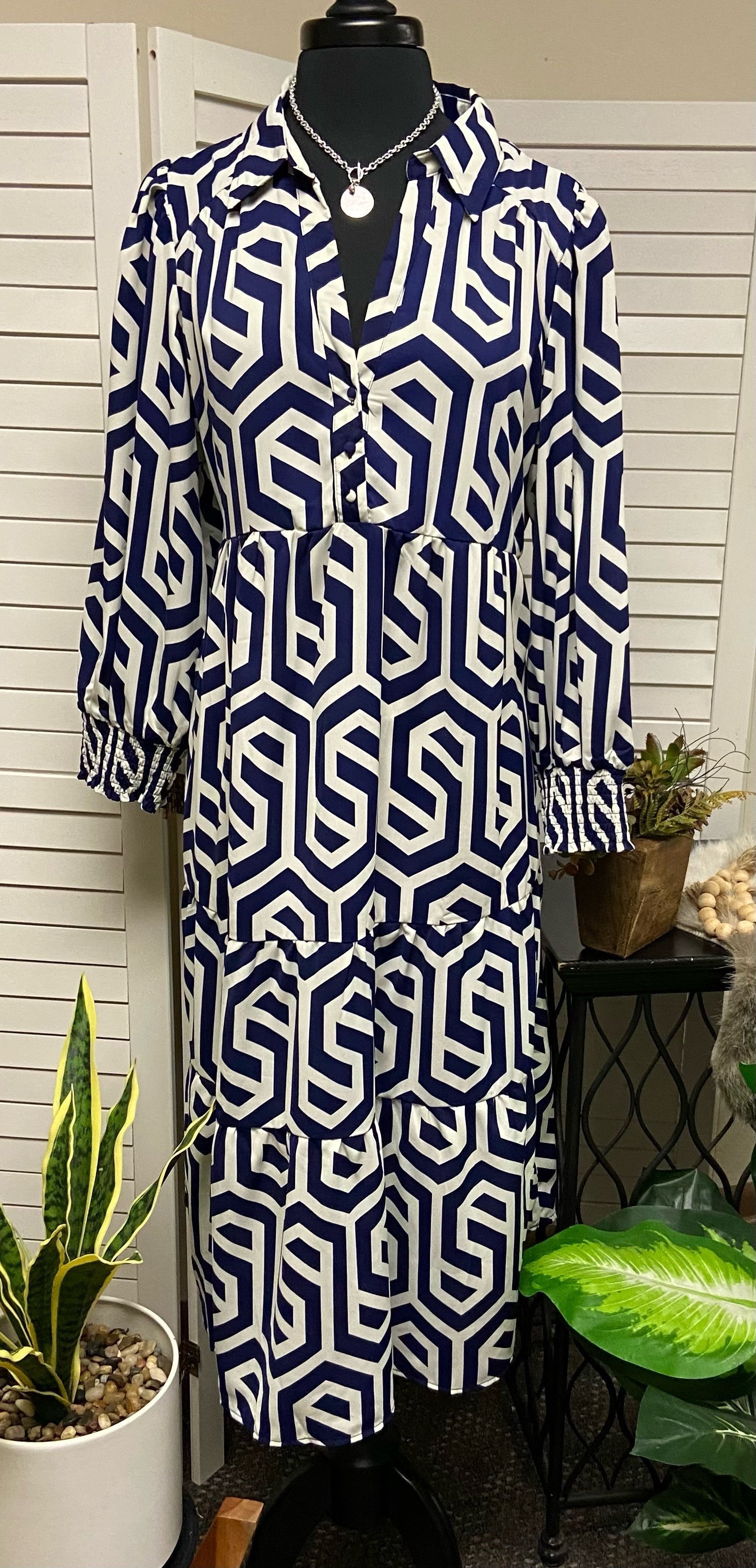 Navy Geo Print Midi Dress