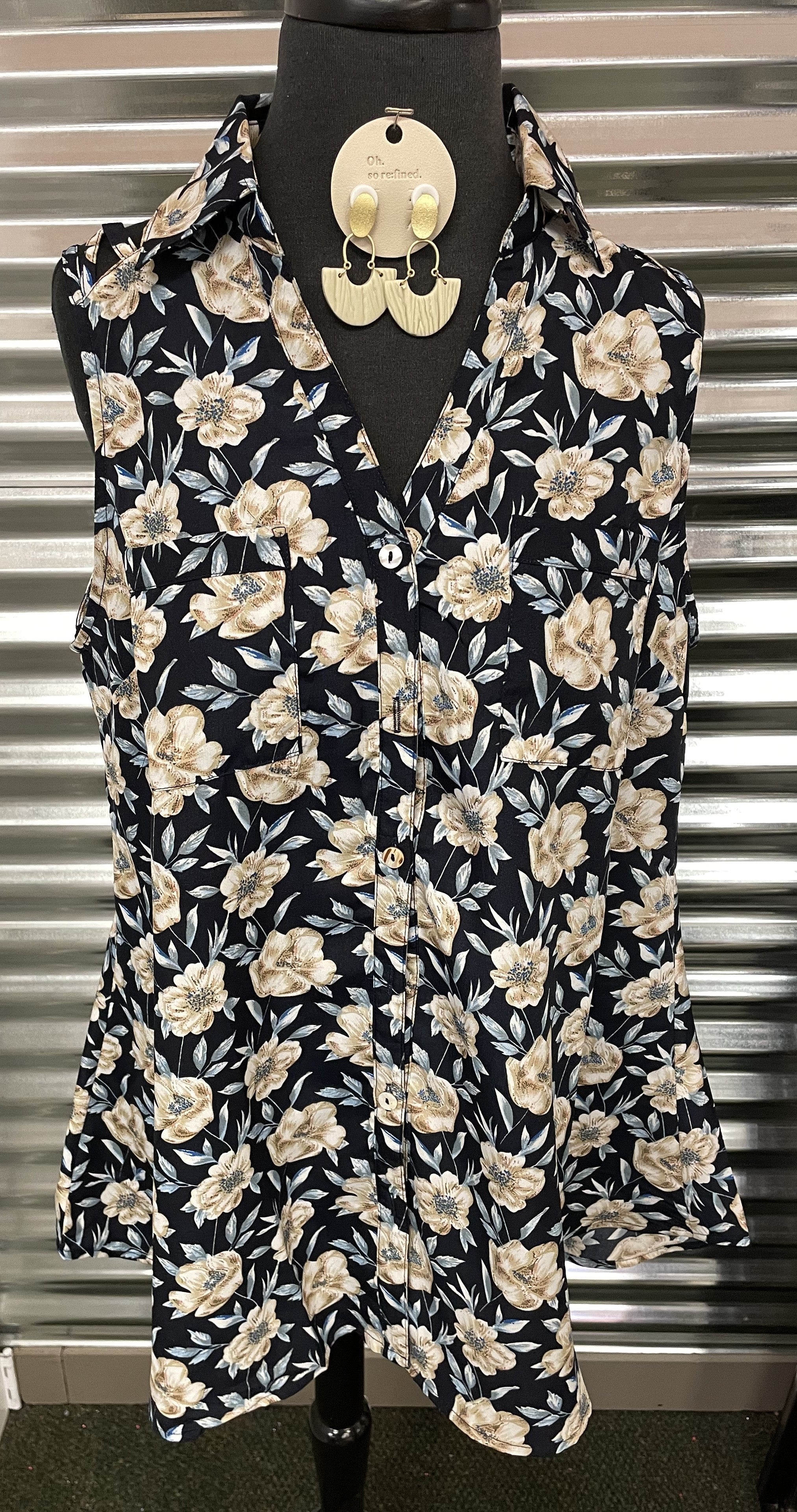 Button Front Floral Sleeveless Tunic