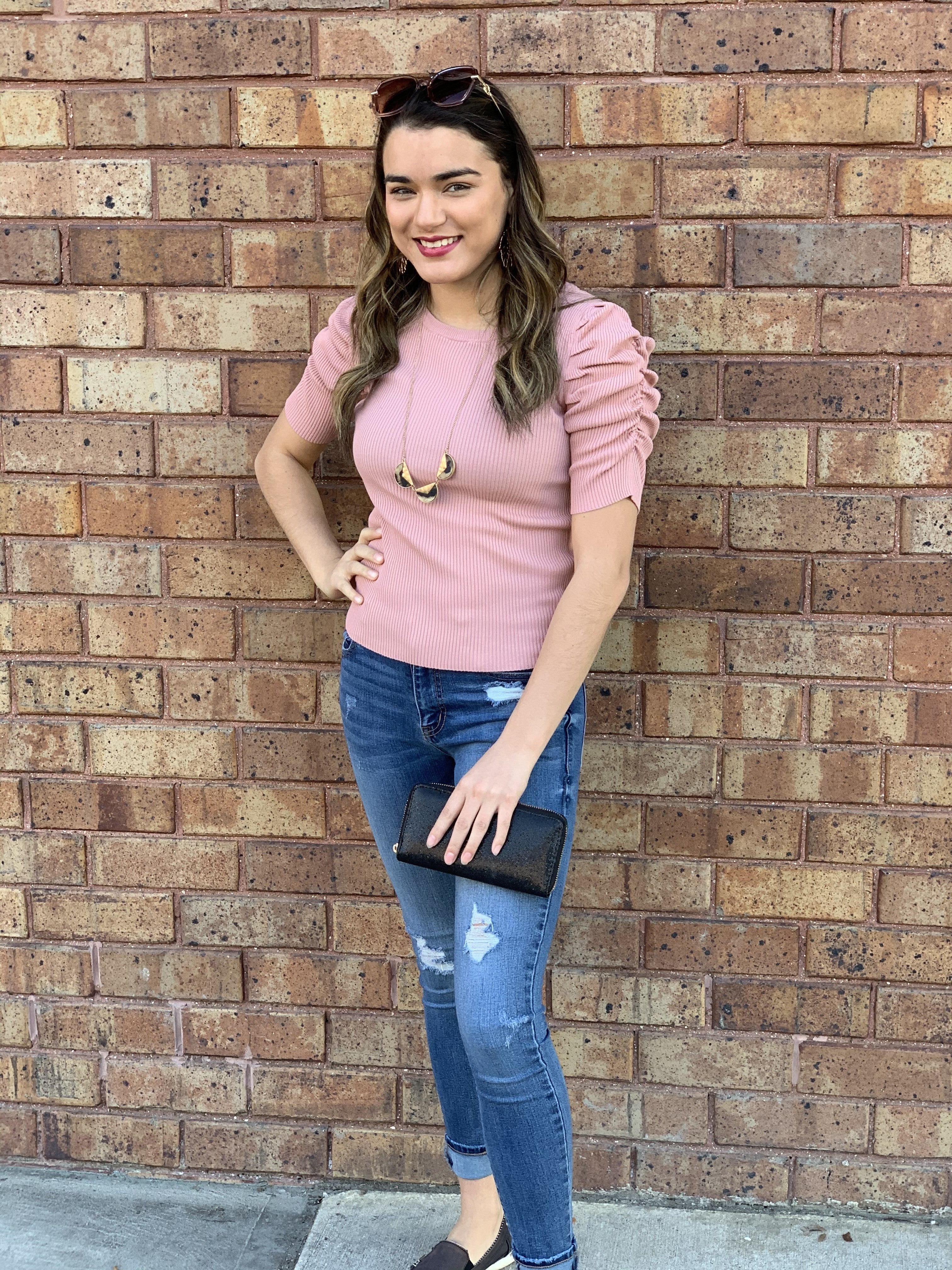 Rib Knit Ruched Puff Sleeve Top