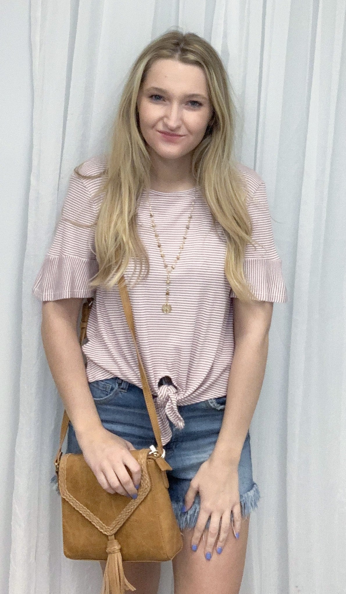 Mauve striped Knit Top with Tie Front