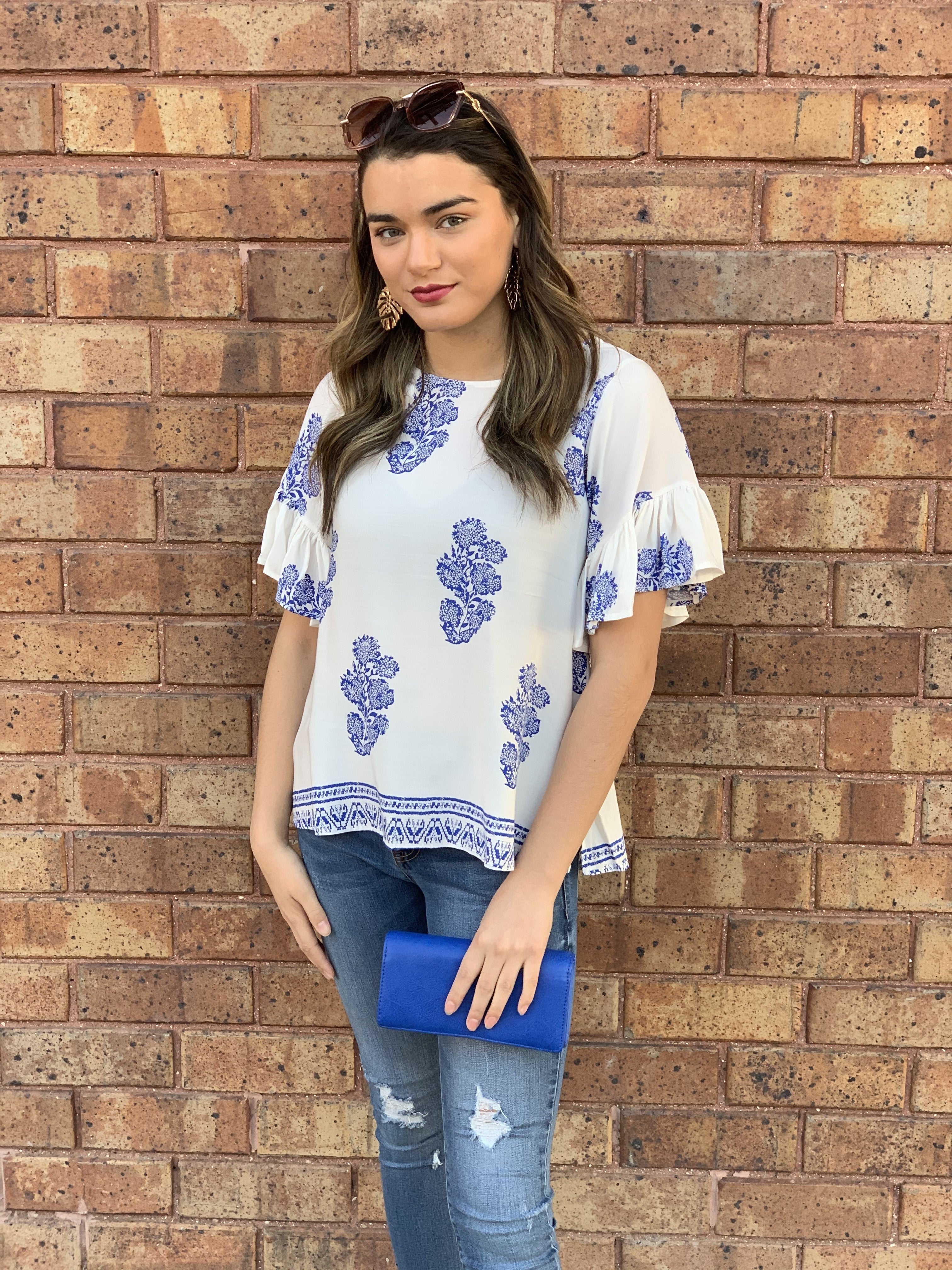 Floral print 3/4 ruffled flutter sleeve
