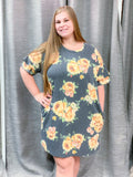 Charcoal/yellow floral dress w/pockets