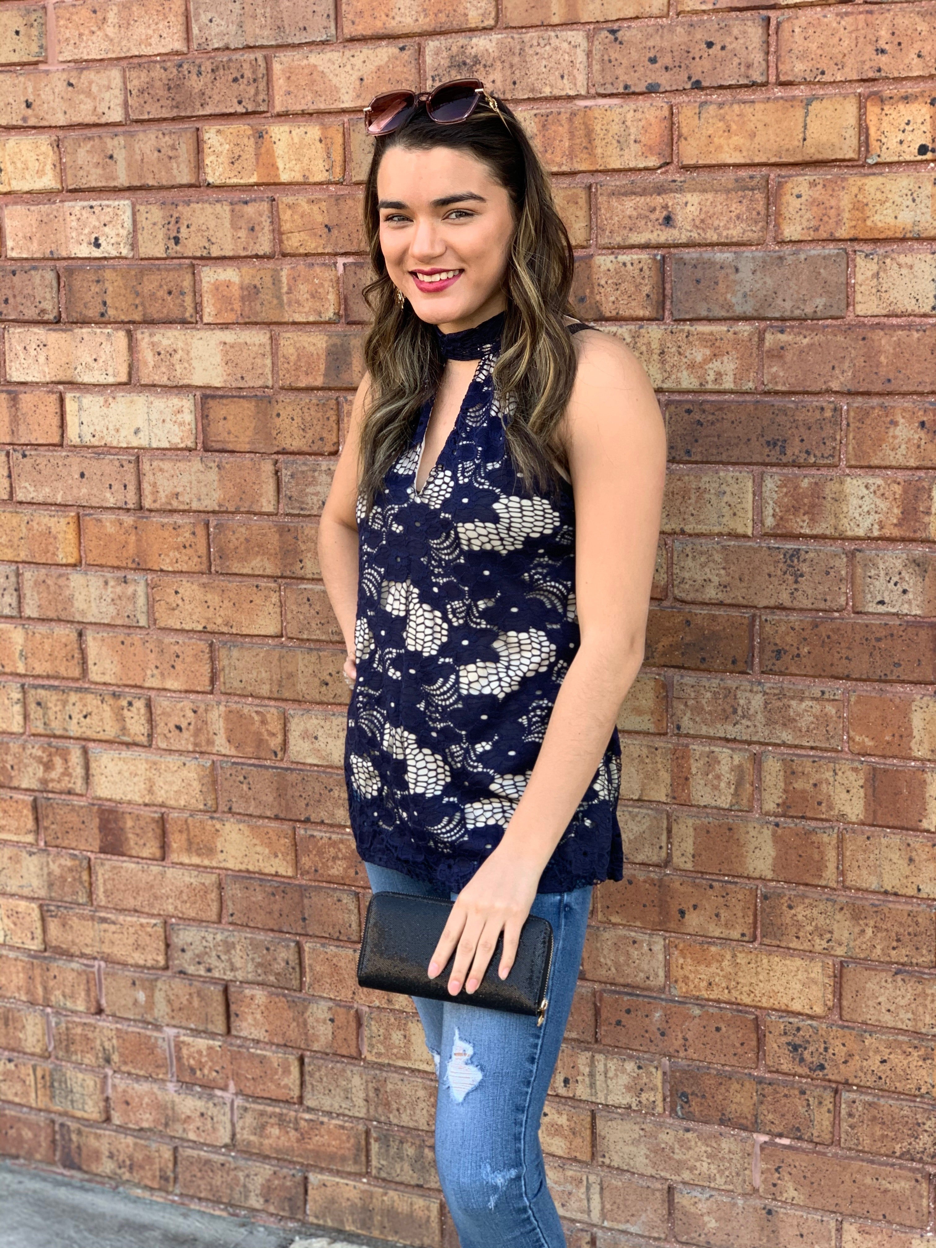 Black Crochet Lace Tie Neck Top