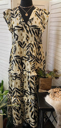 Printed Midi Dress w/ Ruffle Detail and  Side Pockets