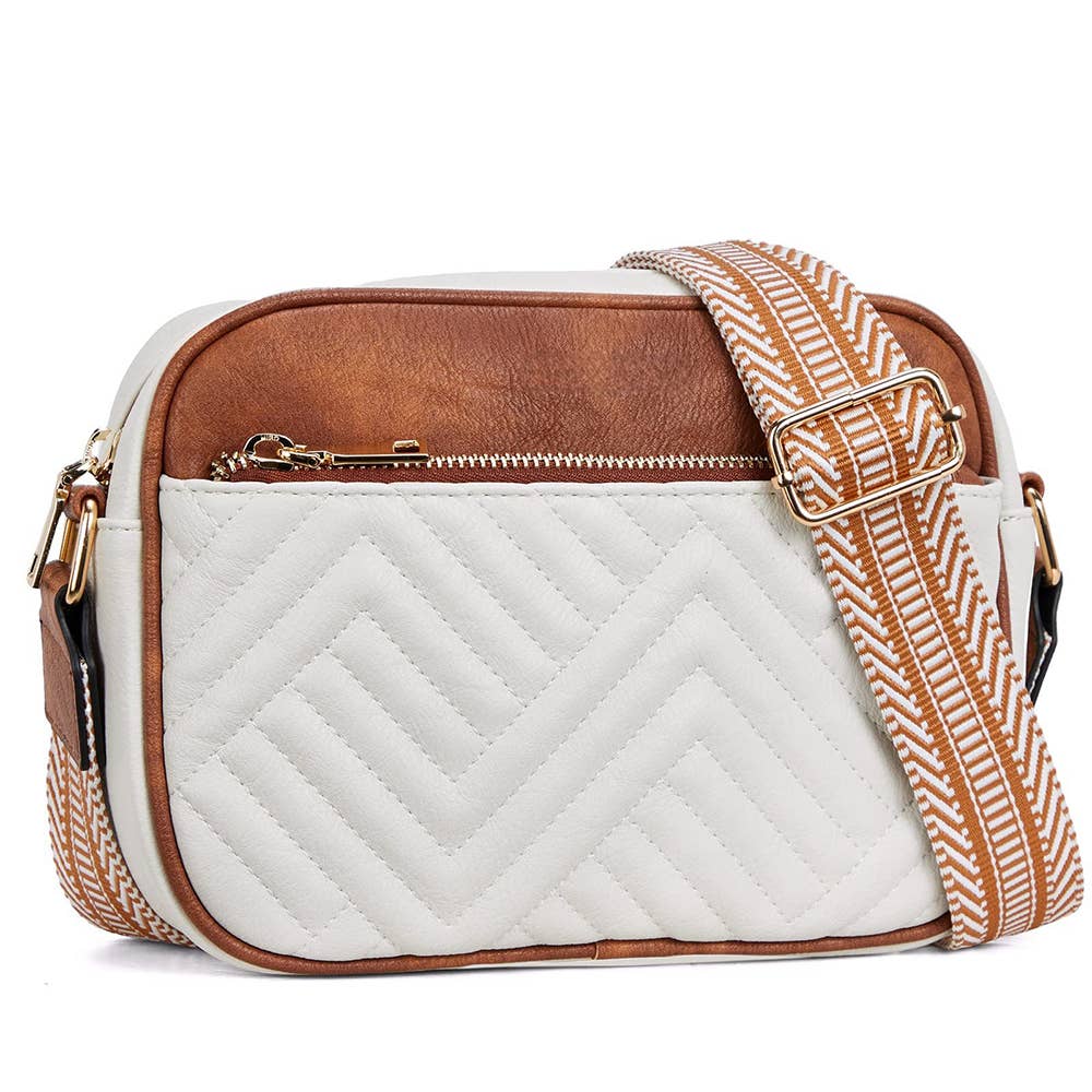 Embroidered Grid Color Blocked Retro Shoulder Bag: Brown