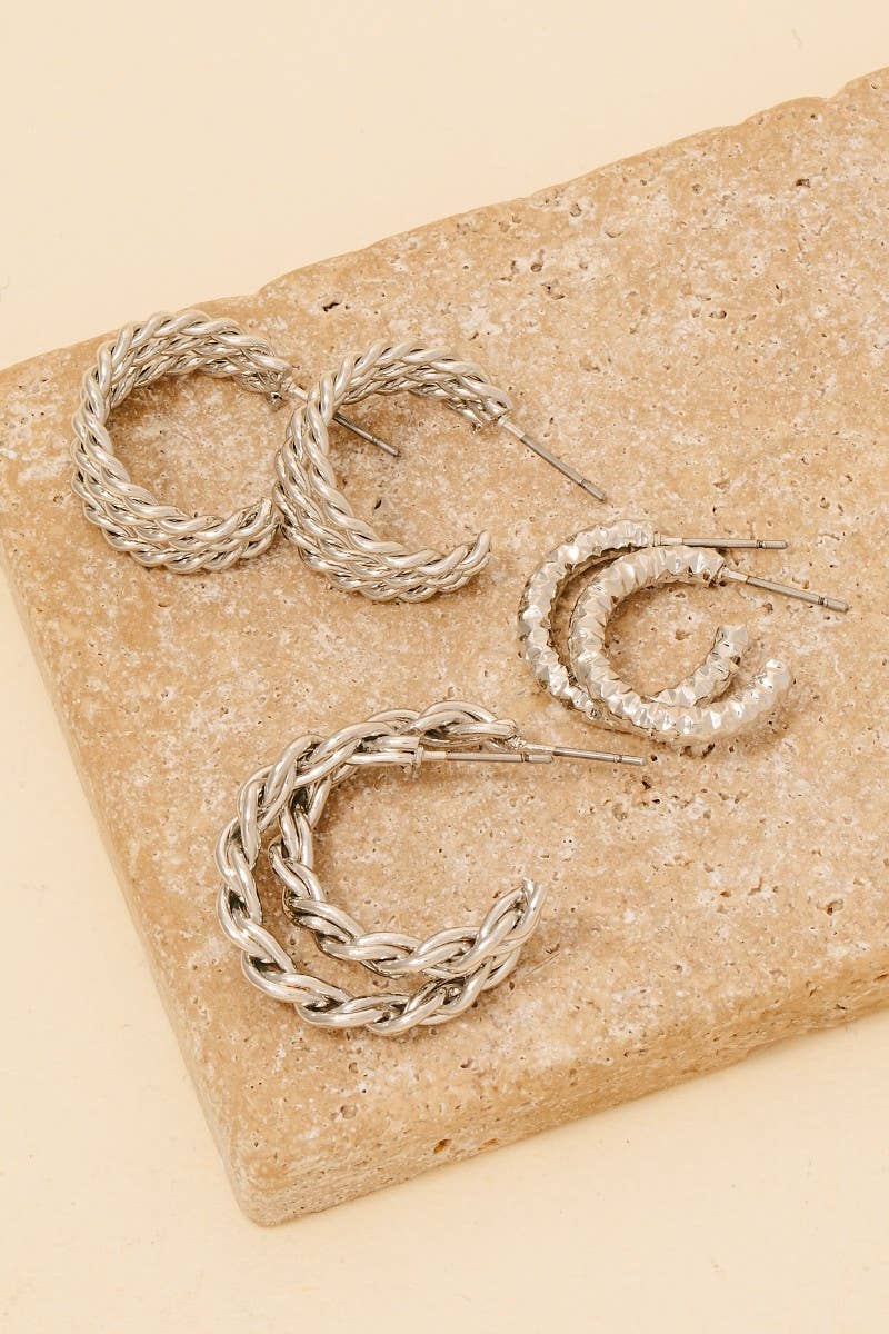 6Pc Two Tone Textured Hoop Earrings Set: SET