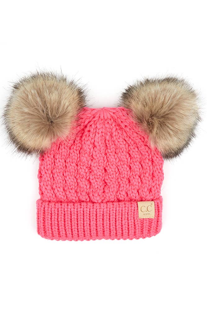 CC Kids Double Pom Pom All Over Cable Beanie: Pale Pink
