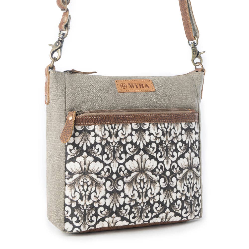 Damask Trail Vintage Crossbody Bag for Women in sage with print detail: Sage