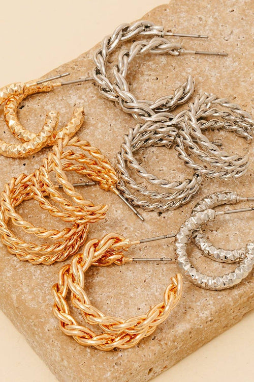 6Pc Two Tone Textured Hoop Earrings Set: SET