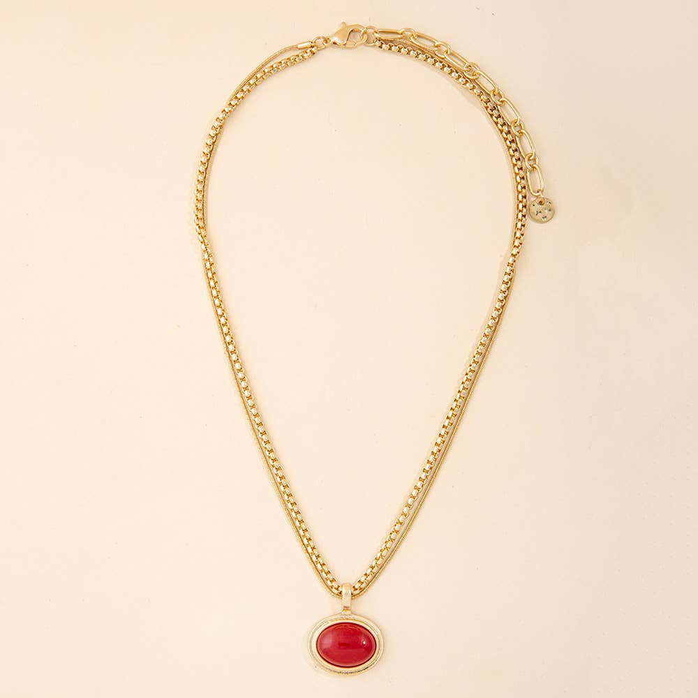 Oval Stone Pendant Double Layer Chain Necklace: WI