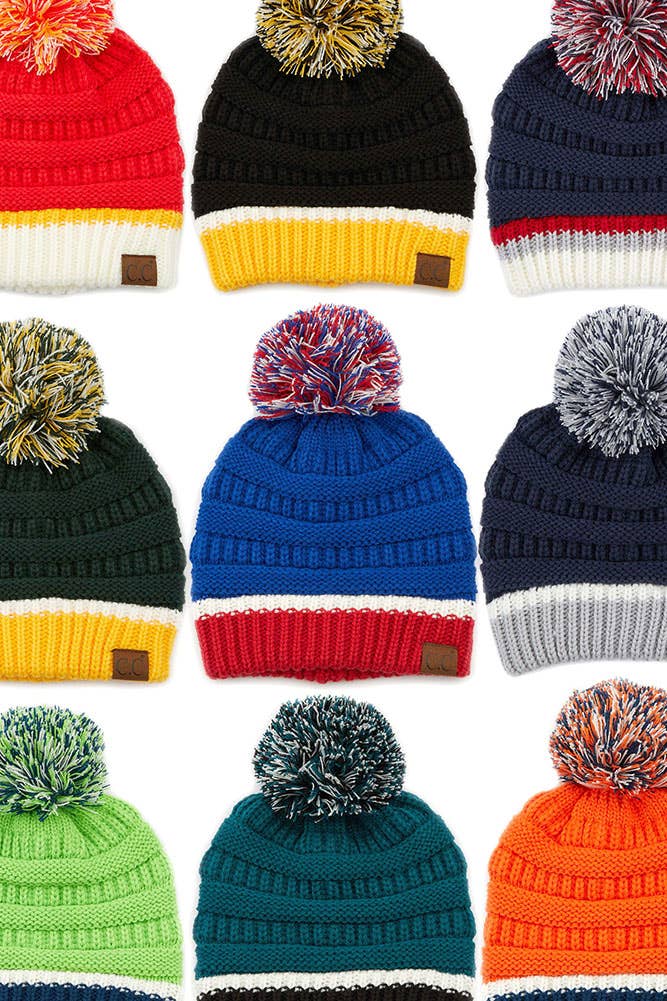 C.C Team Color Ribbed Beanie with Pom Winter Hat: 6.royal Blue/Red