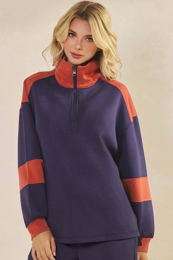 Women's Sleek Colorblock Half-Zip Cozy Fall Top Plus Size: Black/Light Khaki / XXXL