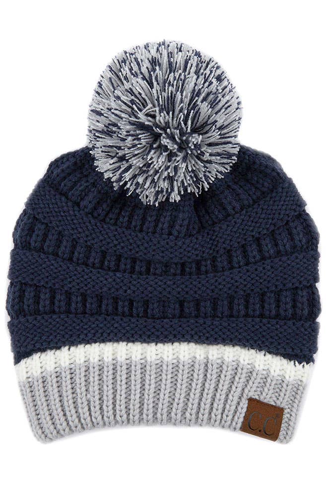 C.C Team Color Ribbed Beanie with Pom Winter Hat: 6.royal Blue/Red