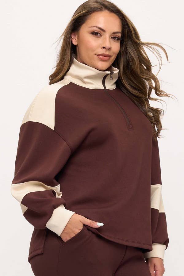 Women's Sleek Colorblock Half-Zip Cozy Fall Top Plus Size: Black/Light Khaki / XXXL