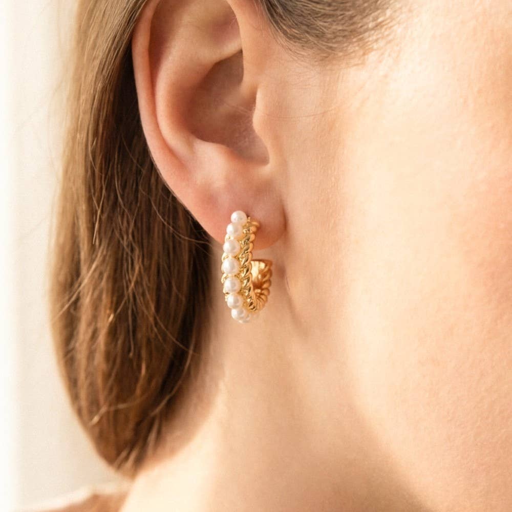 Pearl Fringe Twisted Gold Hoop Earrings: CRMGD