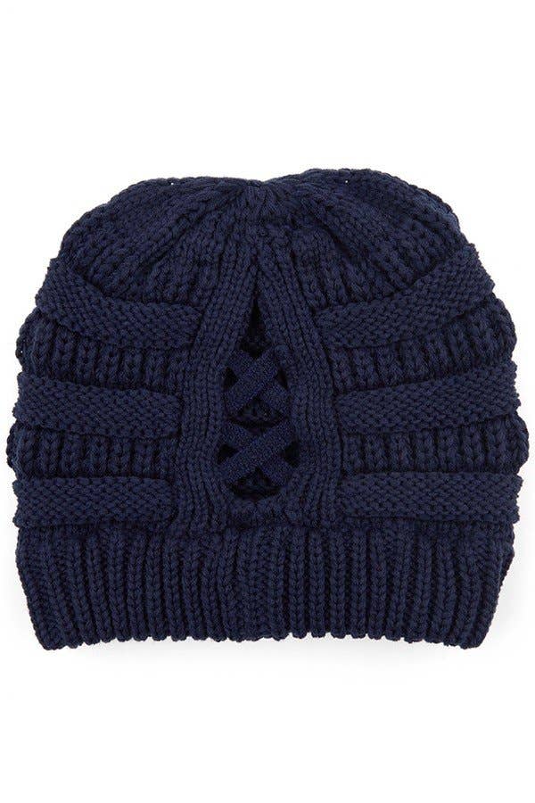 C.C Criss Cross Ponytail Knit Beanie Winter Hat: Indi Pink