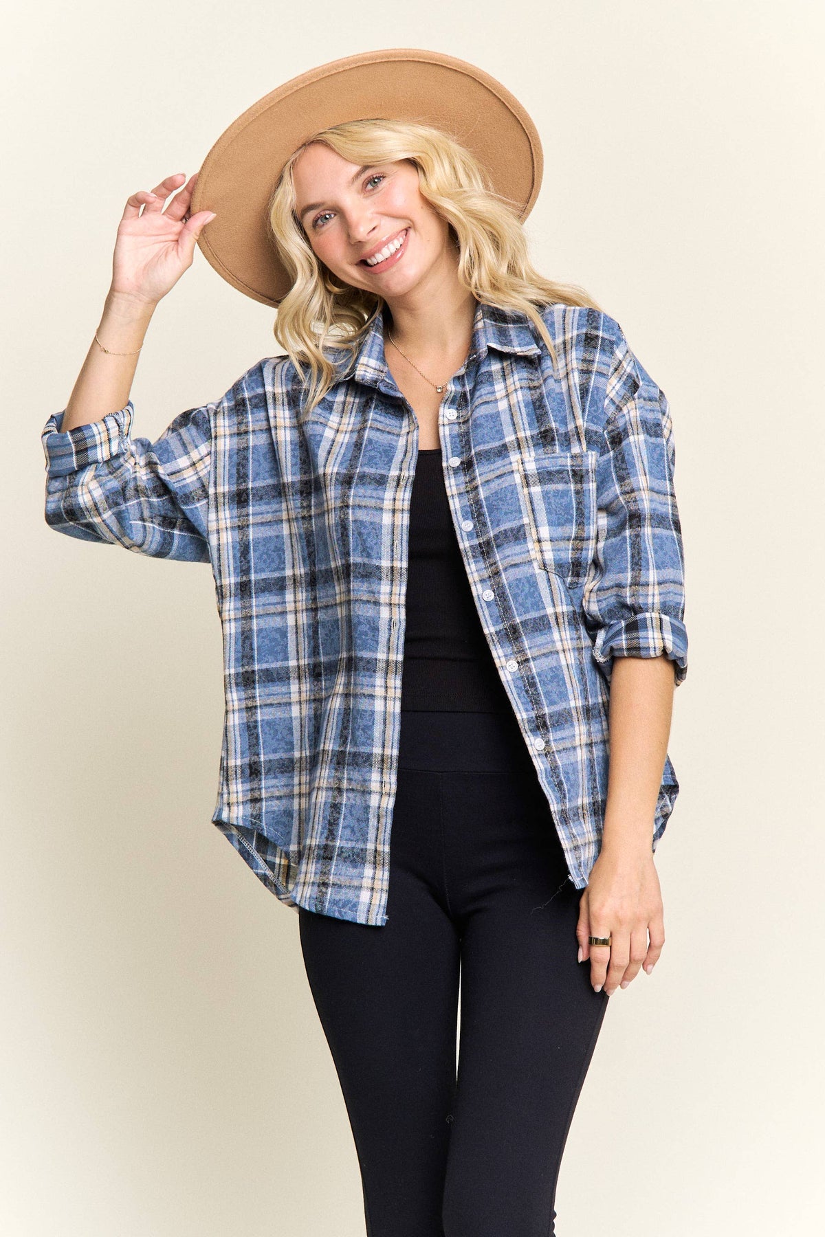 BURNOUT PLAID WASHED-LOOK SHIRT- LET4189: Blue / S-M-L(2-2-2)