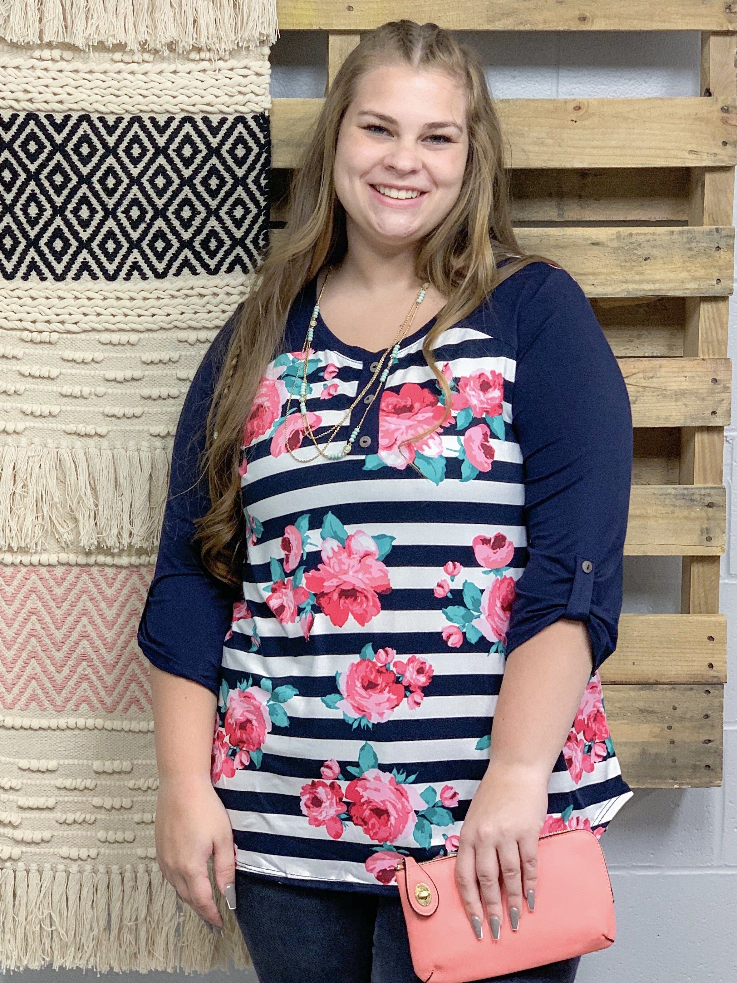 Navy Floral Striped Top