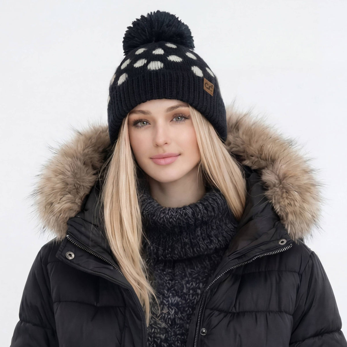 C.C Polka Dot Pattern Pom Beanie Winter Hat: Taupe