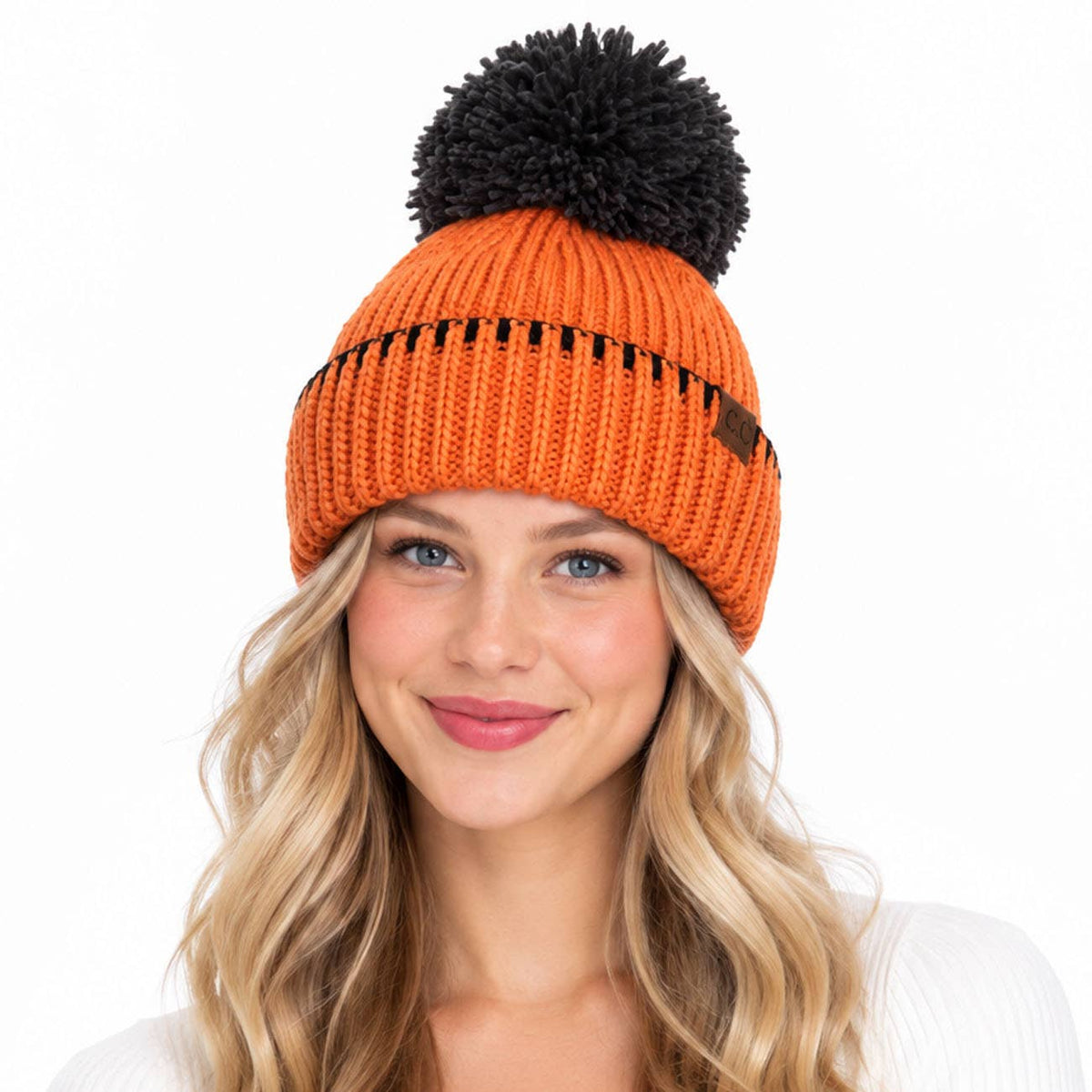 C.C Yarn Pom Game Day Team Stitch Point Beanie Hat: Red/Black