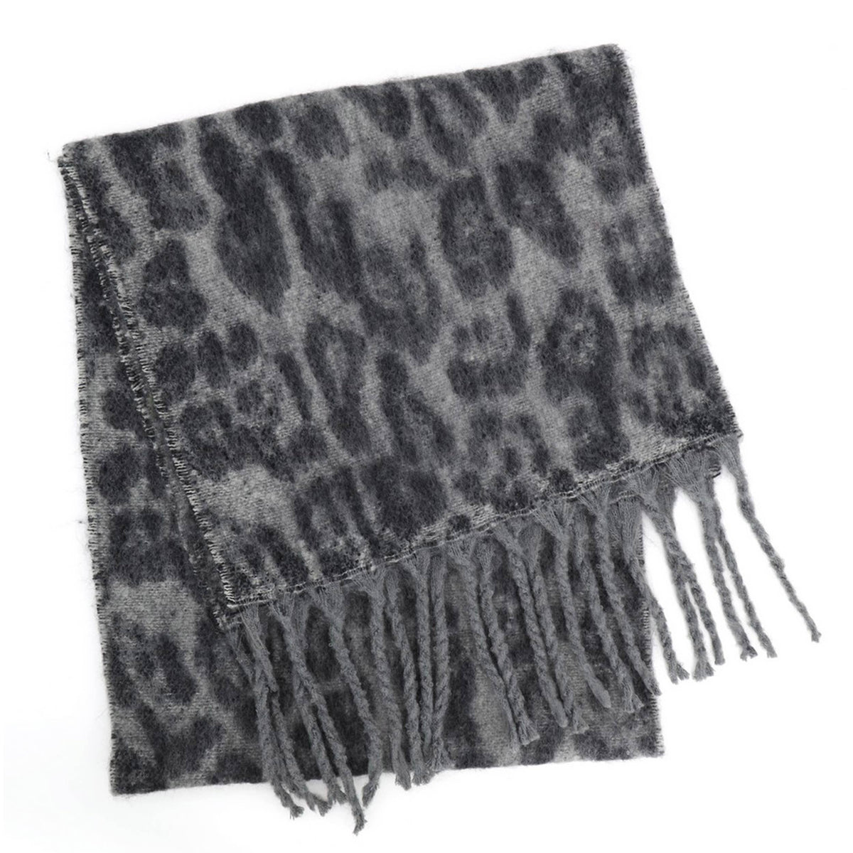 Leopard Pattern Print Brushed Fringe Oblong Scarf: Beige