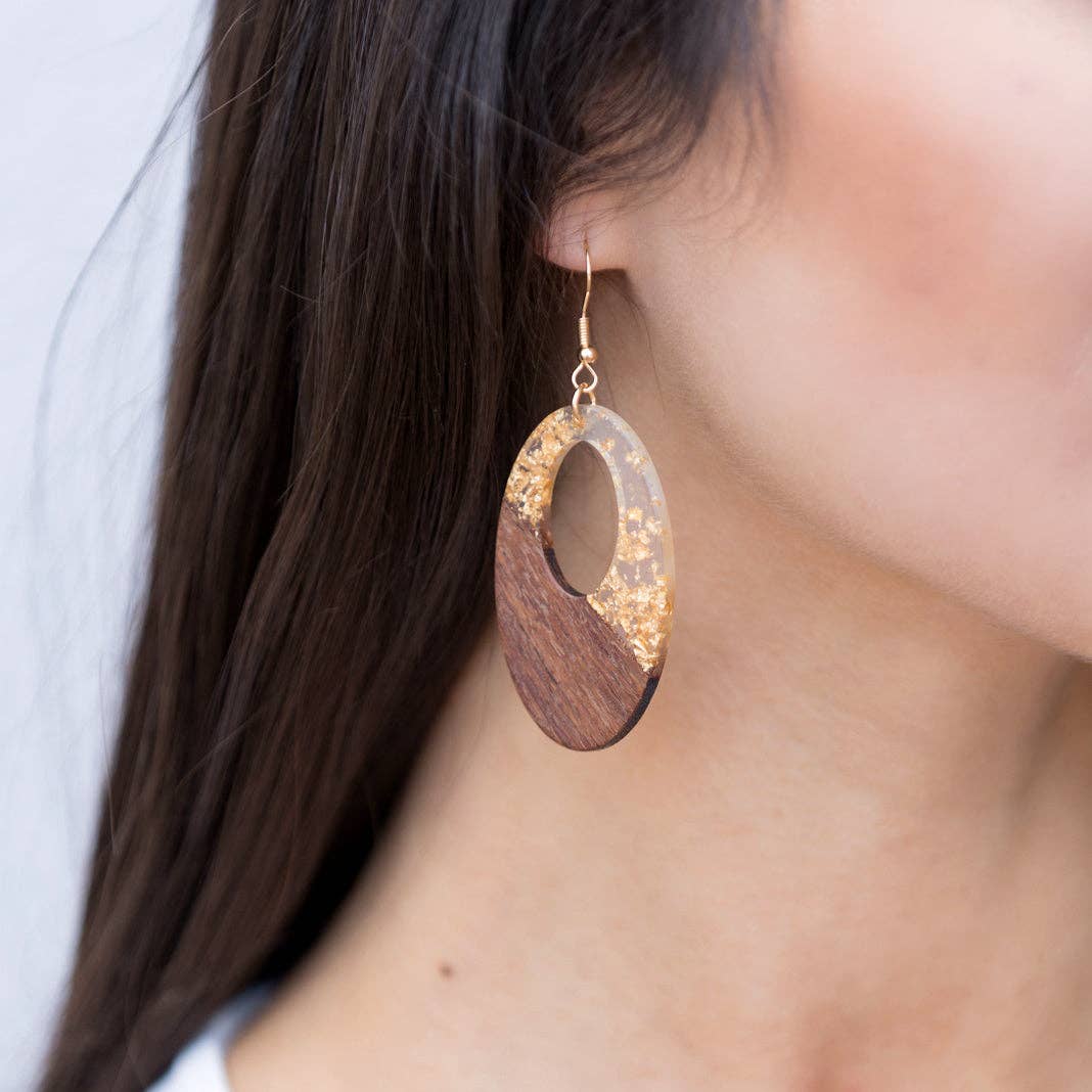 Gold Fleck Resin Wood Earrings: Bar