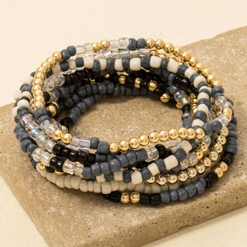 Assorted Blue Tones Seed Beaded Bracelet Set: MULTI