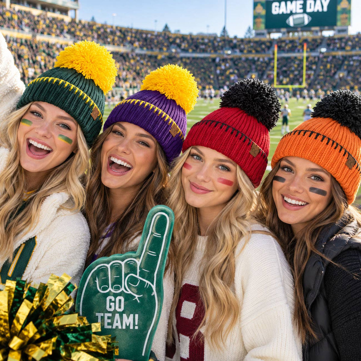 C.C Yarn Pom Game Day Team Stitch Point Beanie Hat: Red/Black