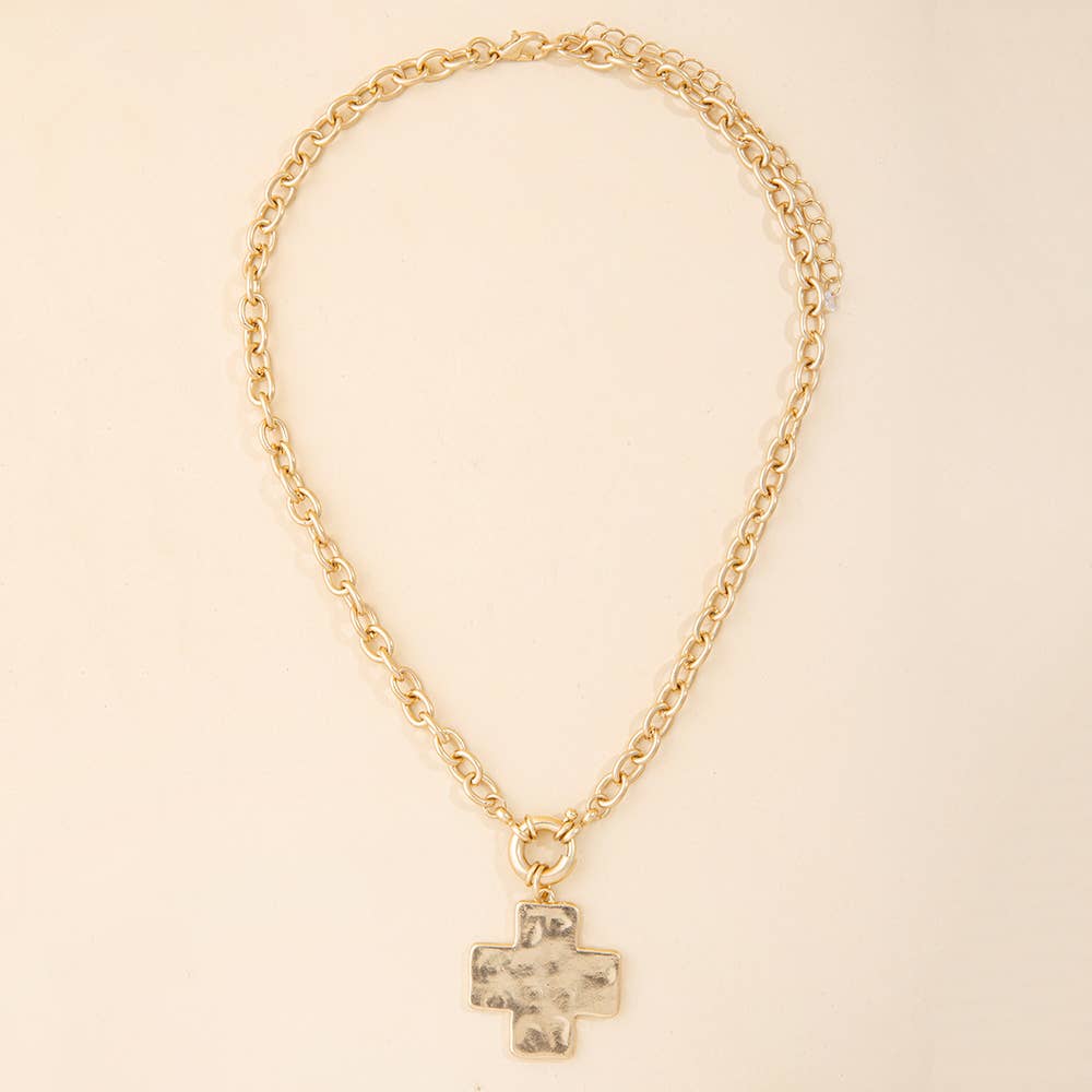 Hammered Square Cross Pendant Chunky Chain Necklace: WS