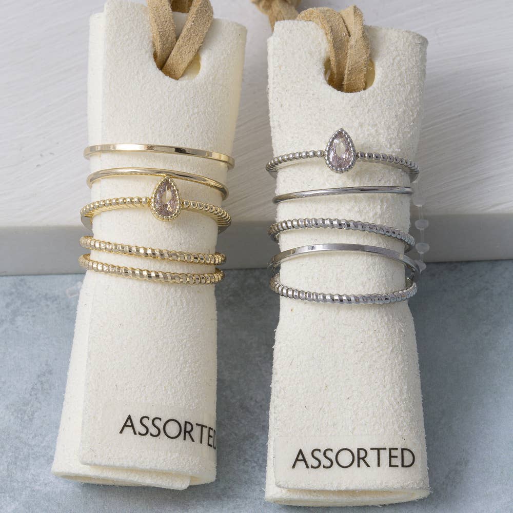 Five Piece Cz Bezel Pear Stone Stacking Ring Set: GDCRY