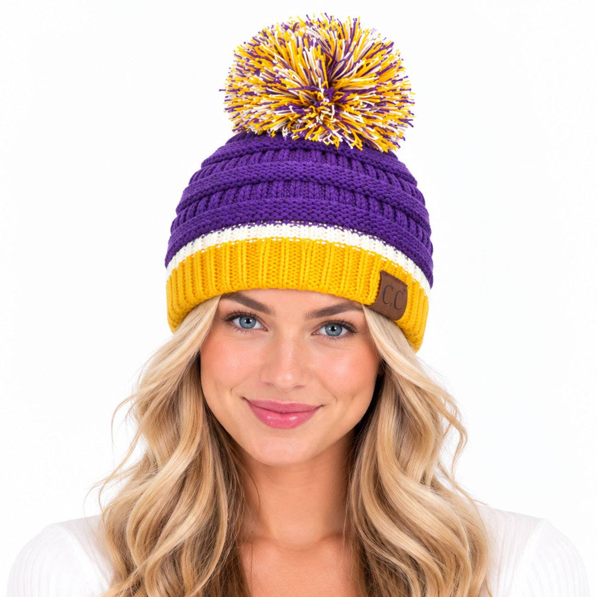 C.C Team Color Ribbed Beanie with Pom Winter Hat: 6.royal Blue/Red