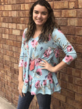 Floral Terry 3/4 length sleeve Ruffle hem