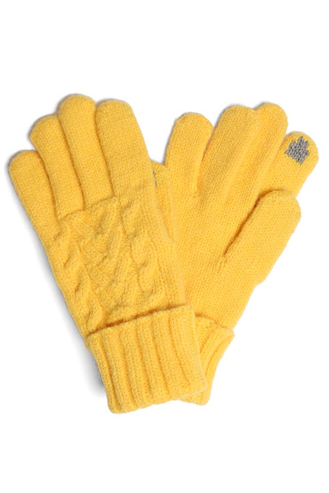 Solid Cable Knit Gloves with Flip Cuff