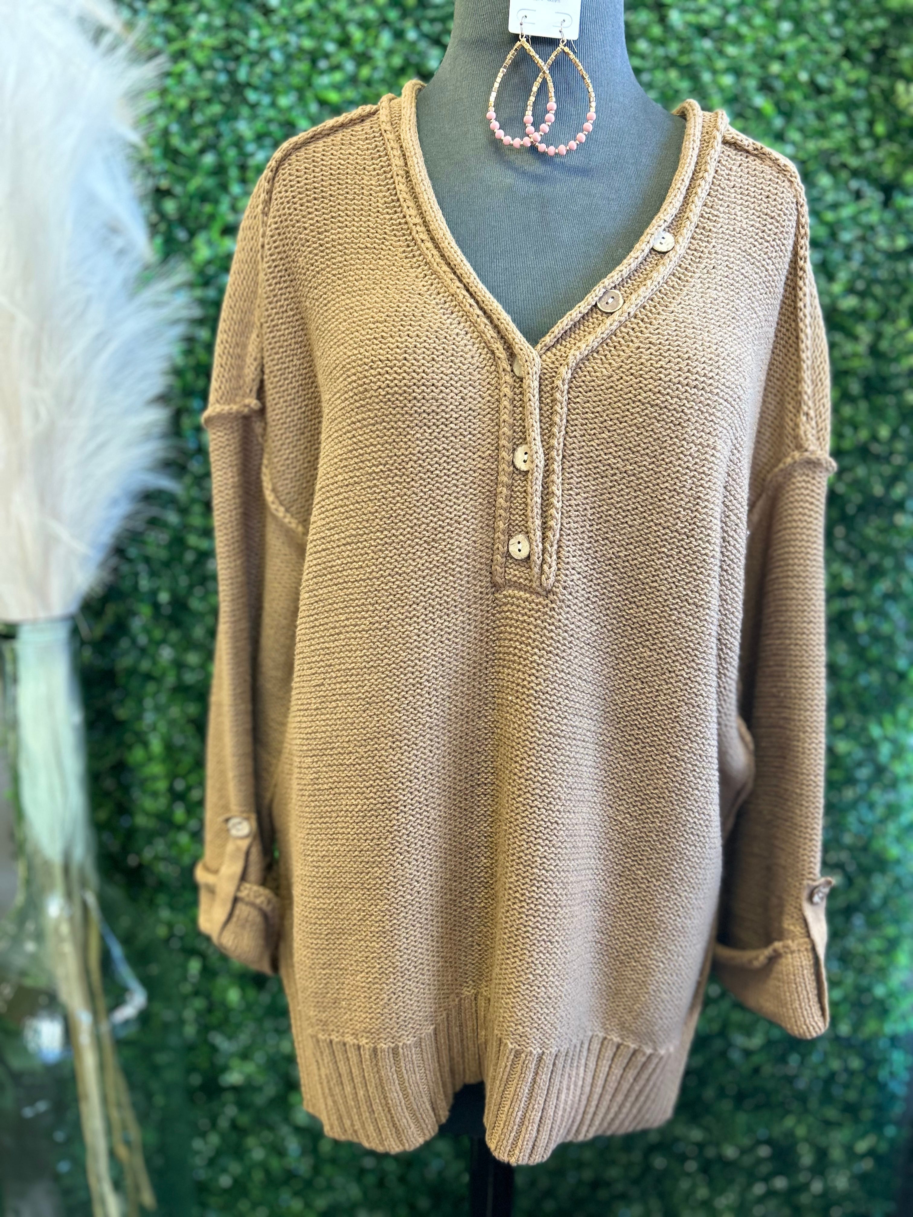 Henley V-neck Sweater w/Side Slit