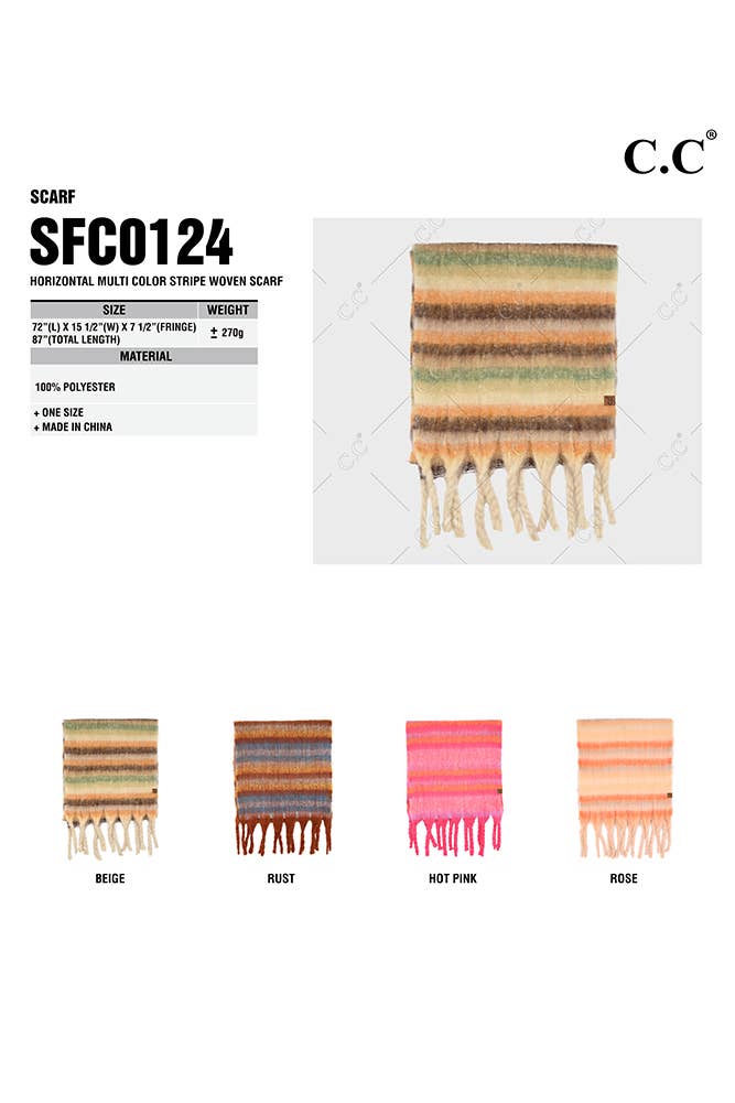 C.C Horizontal Multi Color Stripe Woven Scarf: Beige