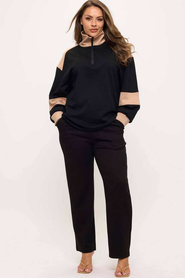 Women's Sleek Colorblock Half-Zip Cozy Fall Top Plus Size: Black/Light Khaki / XXL