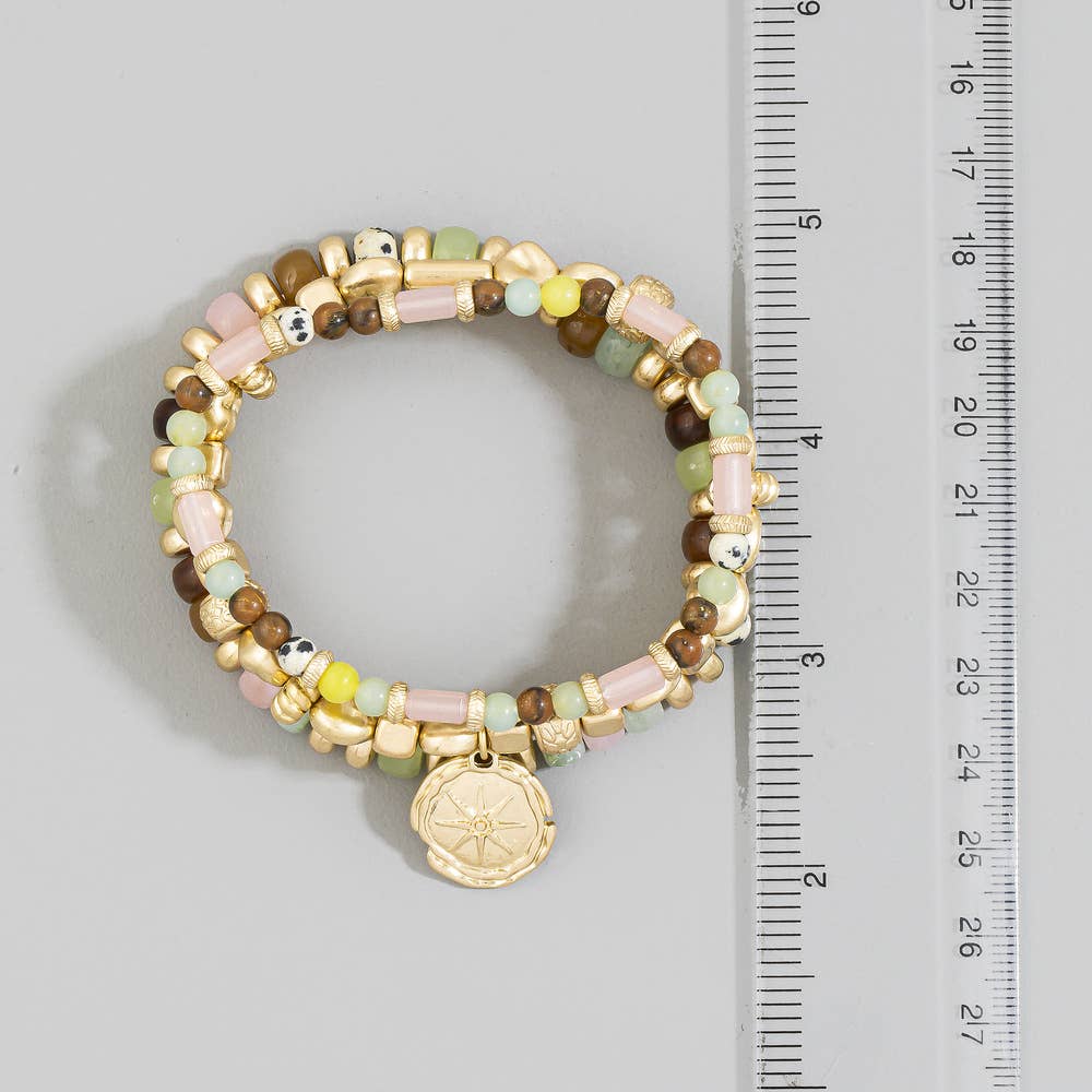 Three Strand Semi Stone Tube Bead Coin Bracelet: WGMT