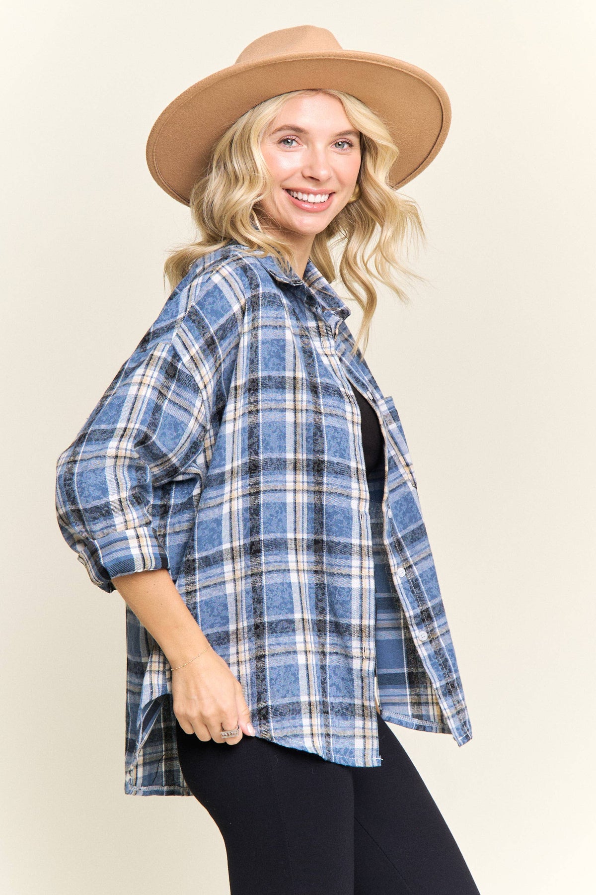 BURNOUT PLAID WASHED-LOOK SHIRT- LET4189: Blue / S-M-L(2-2-2)
