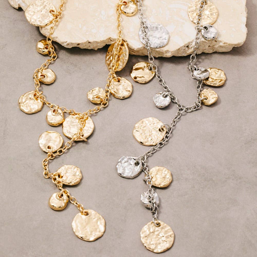 Dainty Chain Hammered Coin Discs Y Necklace: GD