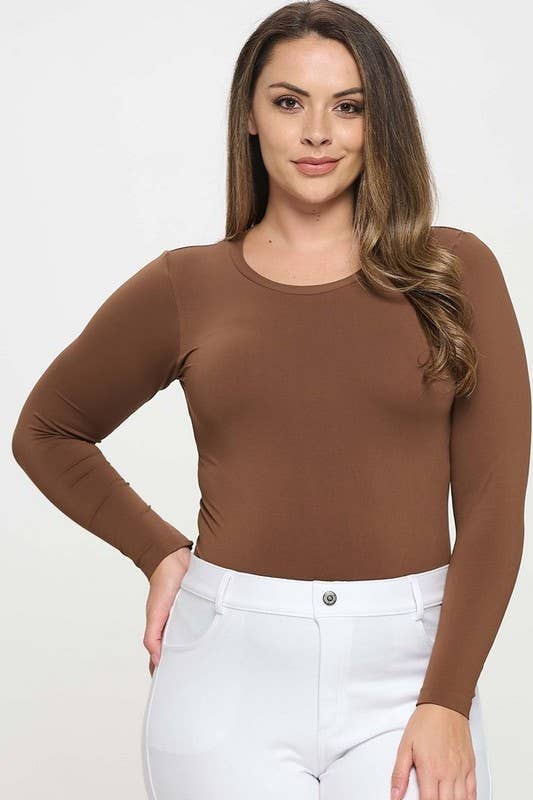 Women's Seamless Round Neck Long Sleeve Top: Coffee / Plus