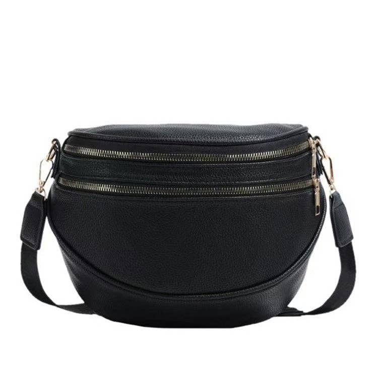 Sabrina Double Zip Leather Crescent Sling: Cognac