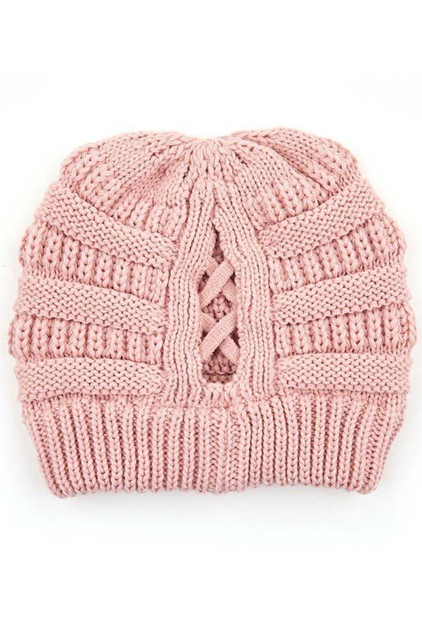 C.C Criss Cross Ponytail Knit Beanie Winter Hat: Beige