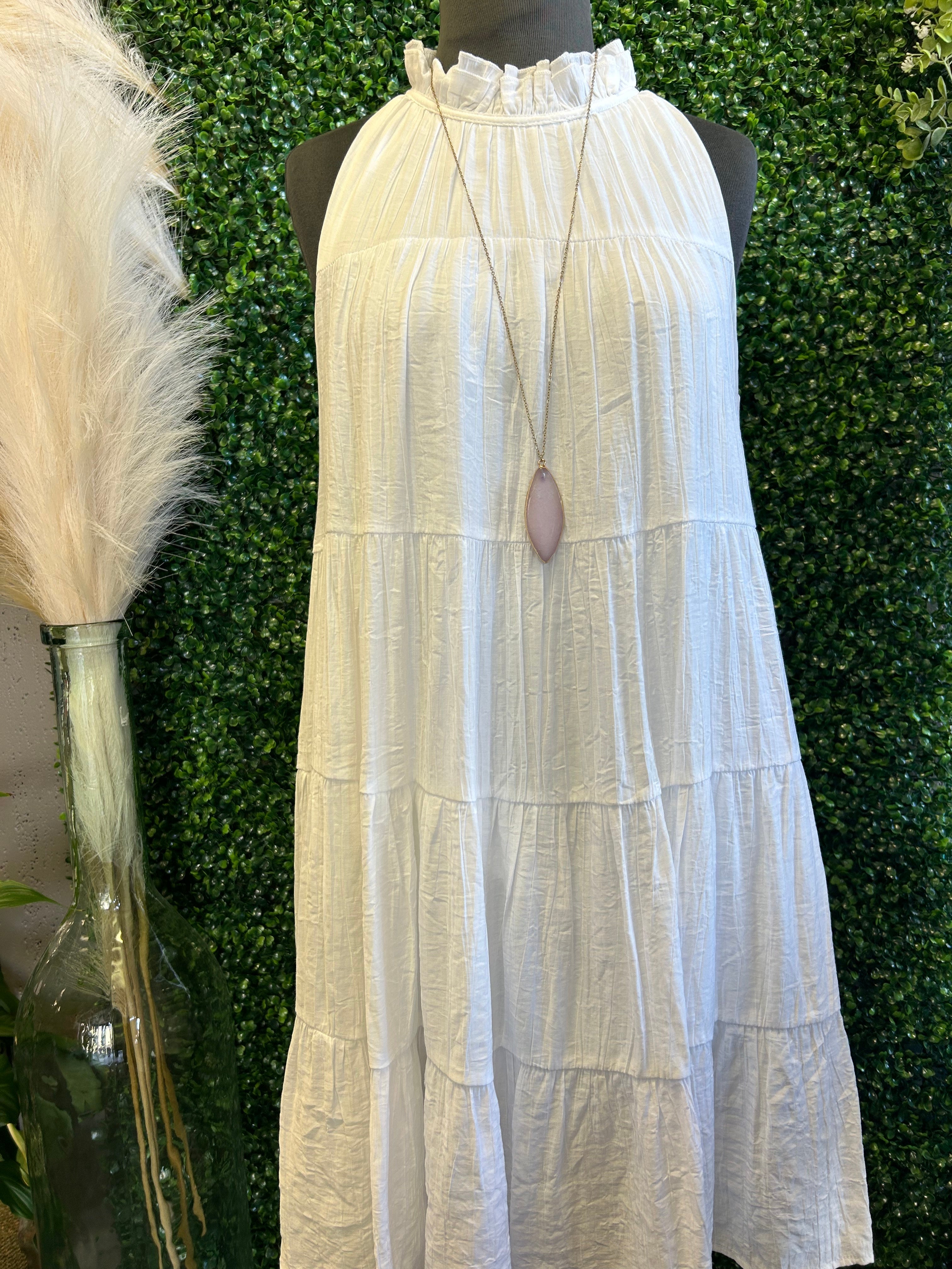 Wrinkle Dress w/ Frilled Halter Neck & Back Ribbon-tie Closure