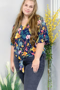 Navy Floral Ryffle Sleeve Top with Tie Knot