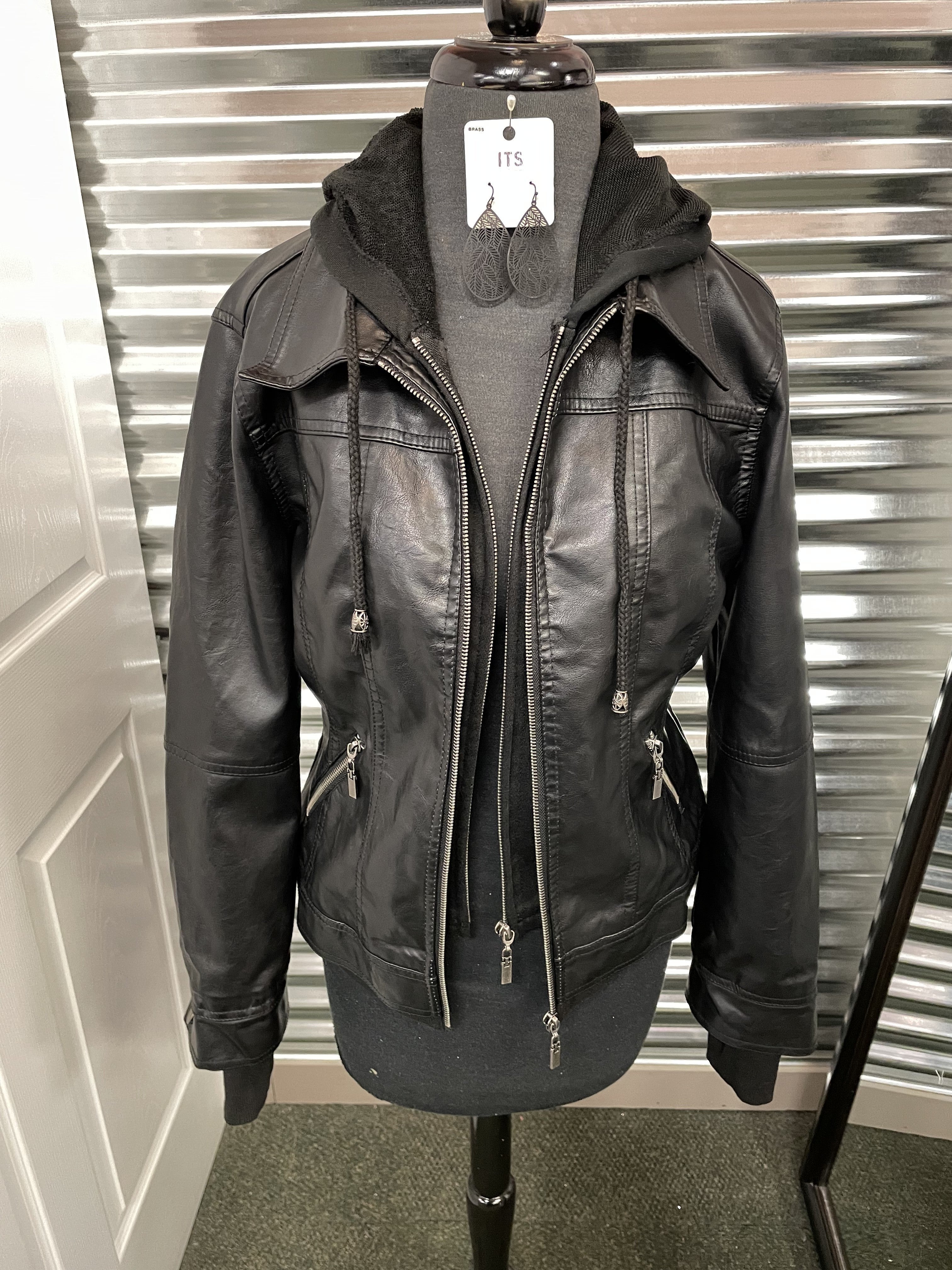 Faux Leather Jacket w/ Detachable Hood