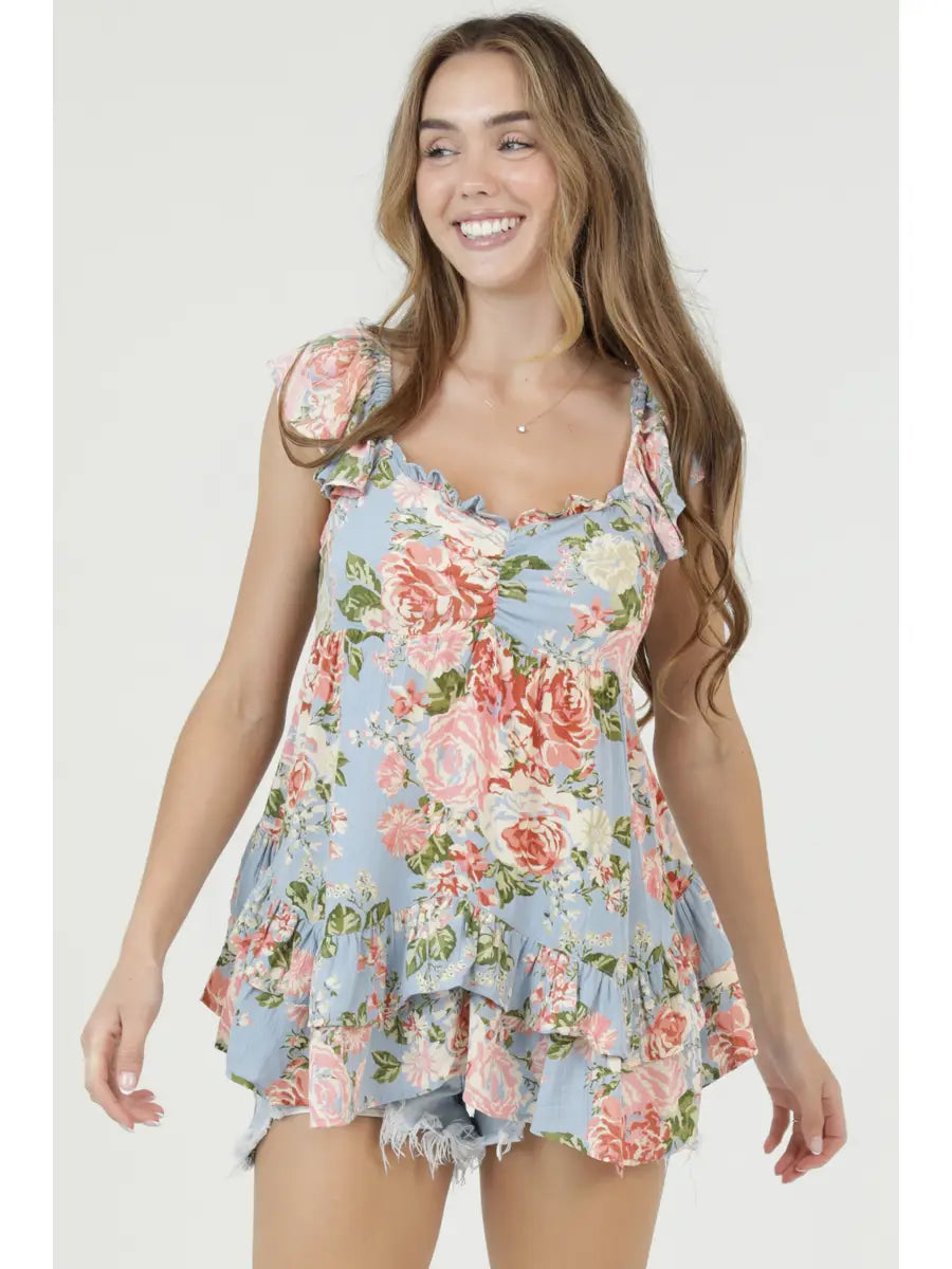Floral Print Sweetheart Neck Ruffle Hem Flutter Sleeve