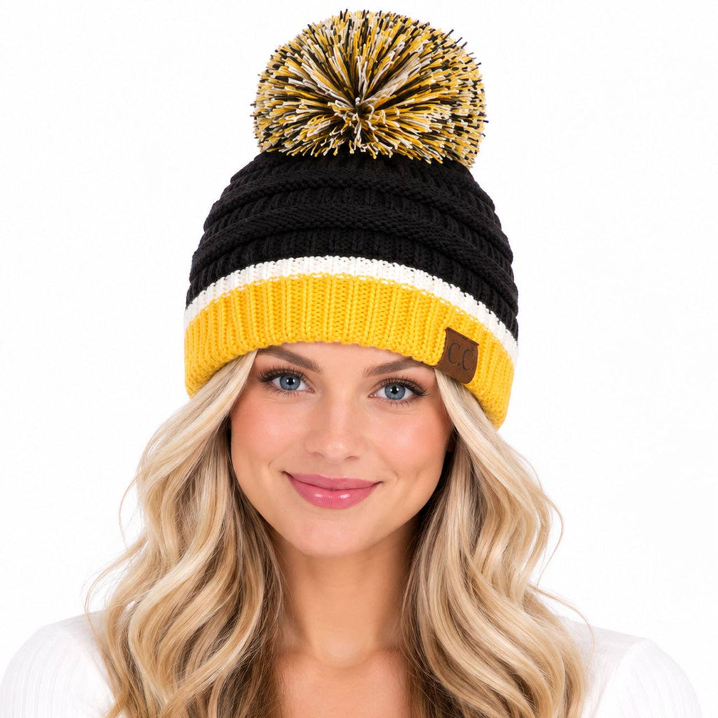 C.C Team Color Ribbed Beanie with Pom Winter Hat: 6.royal Blue/Red