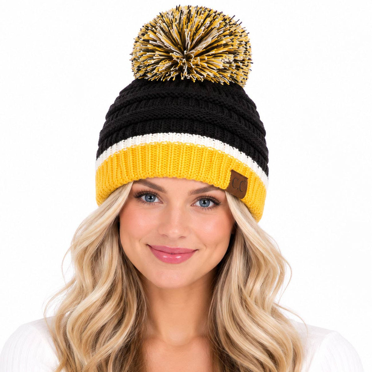C.C Team Color Ribbed Beanie with Pom Winter Hat: 6.royal Blue/Red