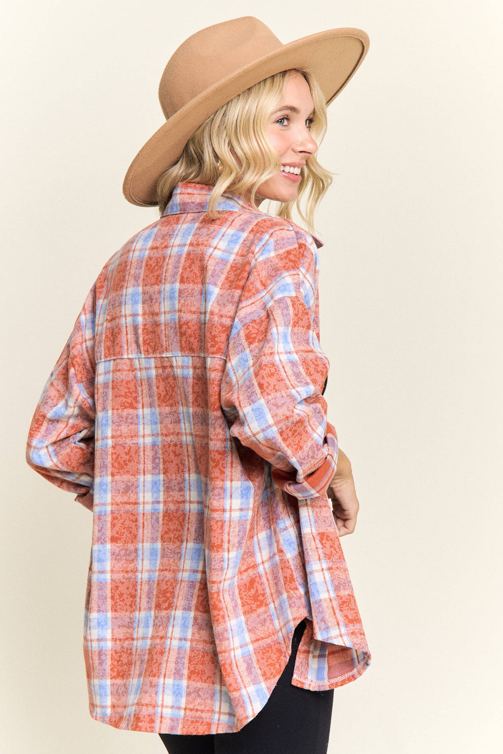 BURNOUT PLAID WASHED-LOOK SHIRT- LET4189: Blue / S-M-L(2-2-2)